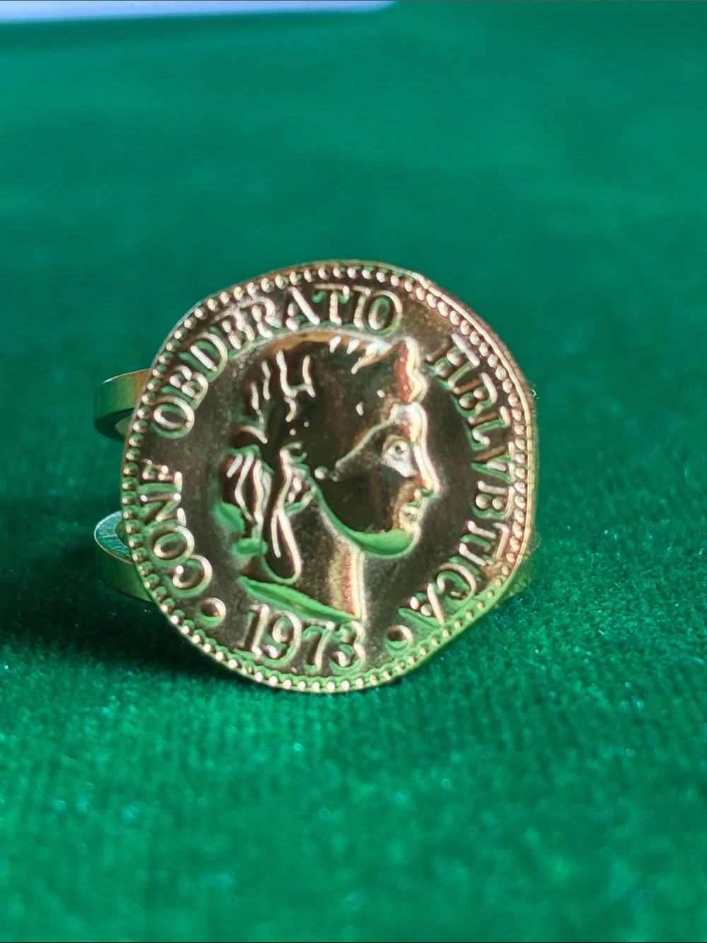 Ancient Roman style Goddess Libertas coin adjustable unisex ring in goldtone